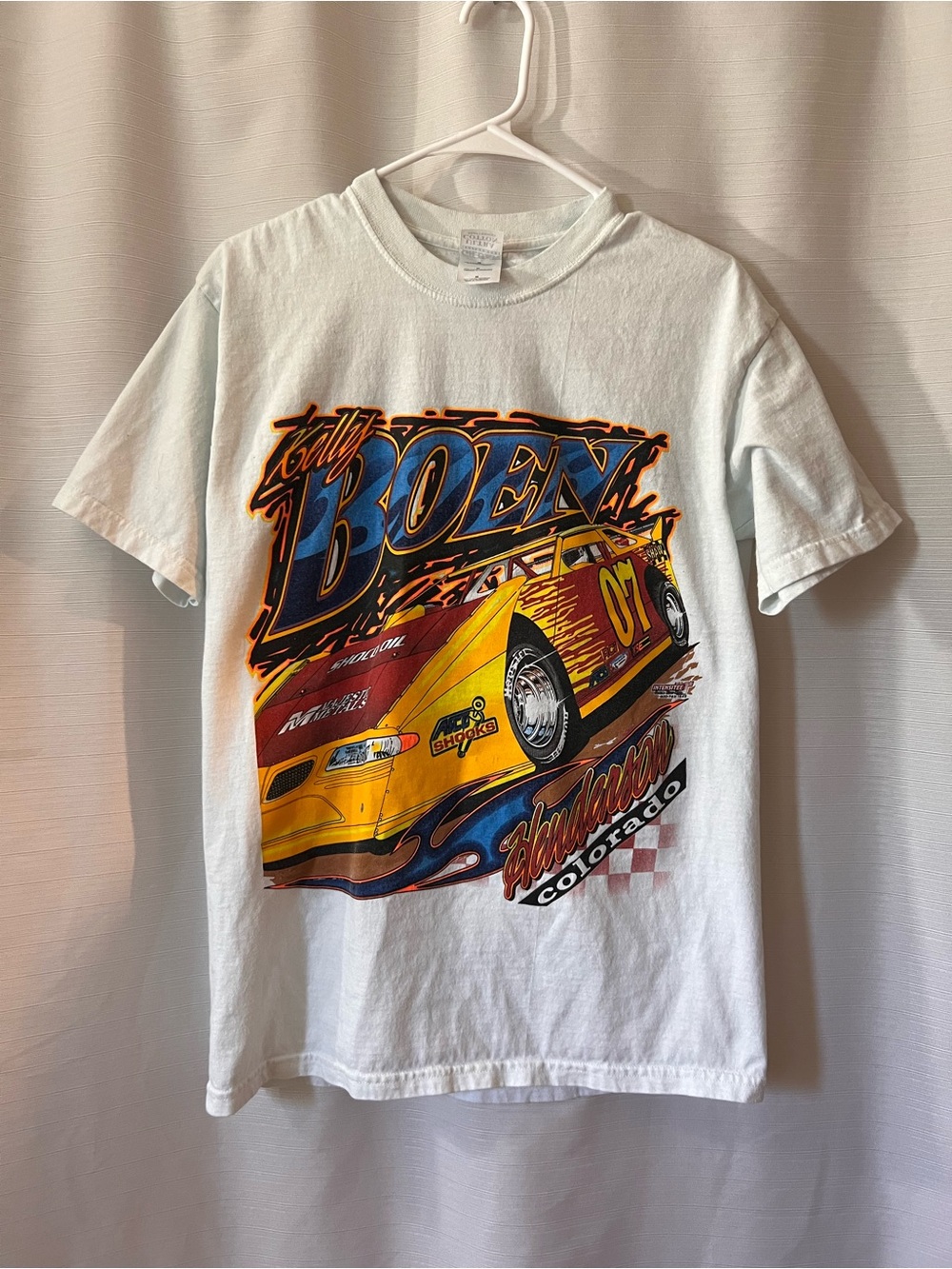 White Graphic Dirt Track Racing Tee of Driver Kelly Boen